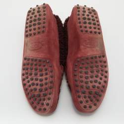Pre Owned Tod's Burgundy Shealing Fur and Suede Double T Slip On Loafers Size 39