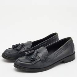 Tod's Dark Grey Leather Tassel Bow Fringe Detail Loafers Size 37.5 