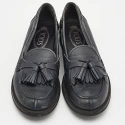 Tod's Dark Grey Leather Tassel Bow Fringe Detail Loafers Size 37.5 