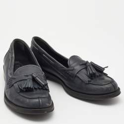 Tod's Dark Grey Leather Tassel Bow Fringe Detail Loafers Size 37.5 