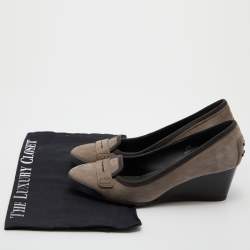 Pre Owned Tod's Grey Suede Penny Loafer Wedge Pumps Size 36