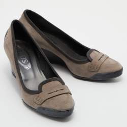 Pre Owned Tod's Grey Suede Penny Loafer Wedge Pumps Size 36