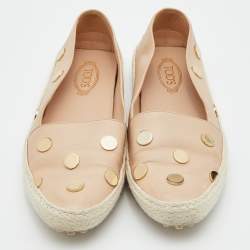 مملوكة مسبقًا Tod's Beige Leather Studded Espadrille Ballet Flats Size 37.5
