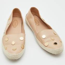 مملوكة مسبقًا Tod's Beige Leather Studded Espadrille Ballet Flats Size 37.5