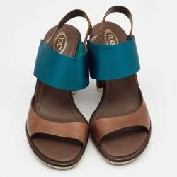 Pre Owned Tod's Blue/Brown Leather and Satin Block Heel Slingback Sandals Size 39