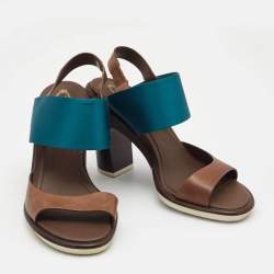 Pre Owned Tod's Blue/Brown Leather and Satin Block Heel Slingback Sandals Size 39