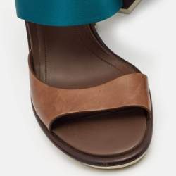 Pre Owned Tod's Blue/Brown Leather and Satin Block Heel Slingback Sandals Size 39