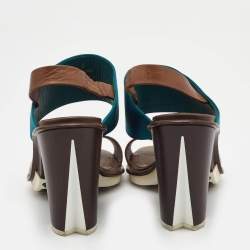 Pre Owned Tod's Blue/Brown Leather and Satin Block Heel Slingback Sandals Size 39