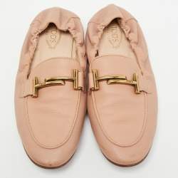 Tod's Pink Leather Double T Scrunch Loafers Size 36.5