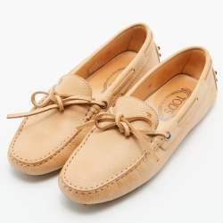 Pre Owned Tod's Beige Leather Bow Slip On Loafers Size 38