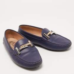 Pre Owned Tod's Blue Leather Double T Slip On Loafers Size 36.5