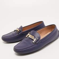 Pre Owned Tod's Blue Leather Double T Slip On Loafers Size 36.5