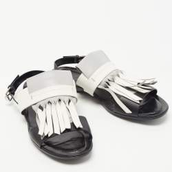 Pre Owned Tod's Tricolor Leather Fringe Slingback Flat Sandals Size 40