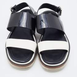 Pre Owned Tod's Black/White Patent Leather Slingback Flat Sandals Size 37.5
