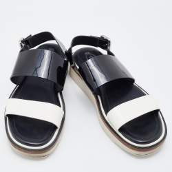 Pre Owned Tod's Black/White Patent Leather Slingback Flat Sandals Size 37.5