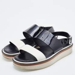 Pre Owned Tod's Black/White Patent Leather Slingback Flat Sandals Size 37.5