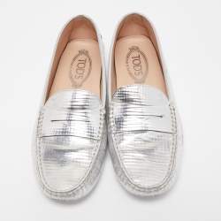 Pre Owned Tod's Silver Metallic Leather Penny Loafers Size 39