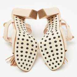 مملوكة مسبقًا Tod's Beige Leather Fringe Detail Ankle Strap Sandals Size 39
