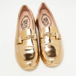 Pre Owned Tod's Gold Leather  Double T Buckle Loafers Size 39.5