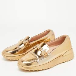 Pre Owned Tod's Gold Leather  Double T Buckle Loafers Size 39.5