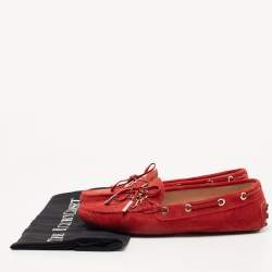 Pre Owned Tod's Red Suede Logo Charm Bow Loafers Size 37.5
