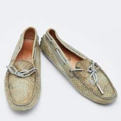 Pre Owned Tod's Grey Python Leather Bow Slip On Loafers Size 38.5