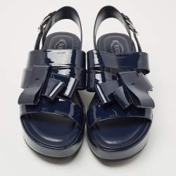 Pre Owned Tod's Dark Blue Patent Leather Bow Wedge Platform Slingback Sandals Size 40