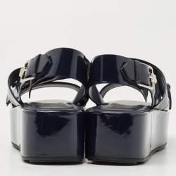 Pre Owned Tod's Dark Blue Patent Leather Bow Wedge Platform Slingback Sandals Size 40