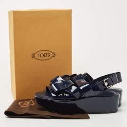 Pre Owned Tod's Dark Blue Patent Leather Bow Wedge Platform Slingback Sandals Size 40