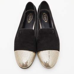 Tod's Black/Gold Suede and Sequins Embellished Slip On Smoking Slippers Size 37.5