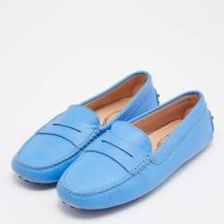 Pre Owned Tod's Blue Leather Gommino Slip On Loafers Size 37