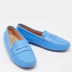 Pre Owned Tod's Blue Leather Gommino Slip On Loafers Size 37