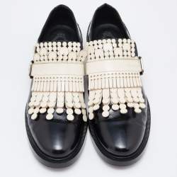 Pre Owned Tod's Black/Cream Leather Fringes Buckle Oxford Size 39