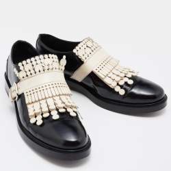 Pre Owned Tod's Black/Cream Leather Fringes Buckle Oxford Size 39