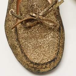 Pre Owned Tod's Metallic Gold Foil Leather Gommino Bow Slip On Loafers Size 37