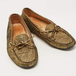 Pre Owned Tod's Metallic Gold Foil Leather Gommino Bow Slip On Loafers Size 37