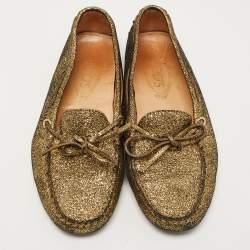Pre Owned Tod's Metallic Gold Foil Leather Gommino Bow Slip On Loafers Size 37