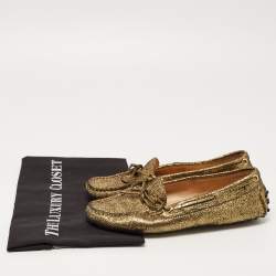 Pre Owned Tod's Metallic Gold Foil Leather Gommino Bow Slip On Loafers Size 37