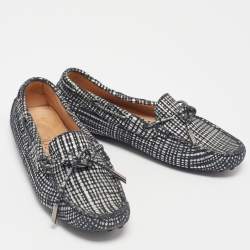 Pre Owned Tod's Silver/Black Textured Suede Bow Loafers Size 36