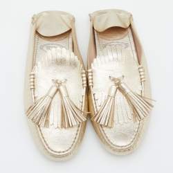 Tod's Gold Leather Fringe Flat Mules Size 35