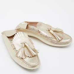 Tod's Gold Leather Fringe Flat Mules Size 35