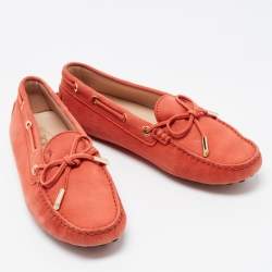 Pre Owned Tod's Orange Nubuck Leather Bow Detail Slip On Loafers Size 37