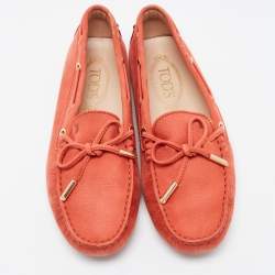 Pre Owned Tod's Orange Nubuck Leather Bow Detail Slip On Loafers Size 37