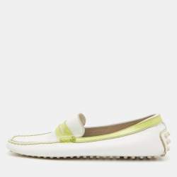 Tod's White/Green Leather and PVC Penny Loafers Size 36