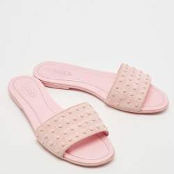 Pre Owned Tod's Pink Suede Studded Flat Slides Size 38.5