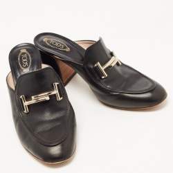 Pre Owned Tod's Black Leather Double T Block Heel Mules Size 37.5
