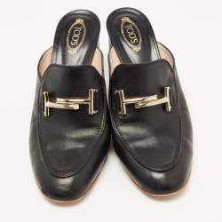 Pre Owned Tod's Black Leather Double T Block Heel Mules Size 37.5