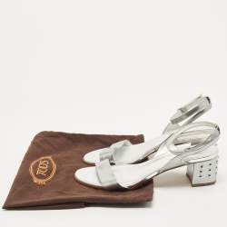 Pre Owned Tod's Silver Foil Leather Studded Block Heel Ankle Strap Sandals Size 40
