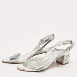 Pre Owned Tod's Silver Foil Leather Studded Block Heel Ankle Strap Sandals Size 40