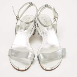 Pre Owned Tod's Silver Foil Leather Studded Block Heel Ankle Strap Sandals Size 40